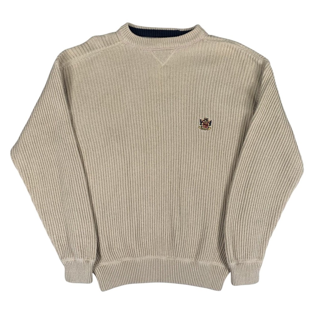 Vintage Woods & Gray Ribbed Sweater Mens L Tan Embroidered Crest Cotton Crewneck